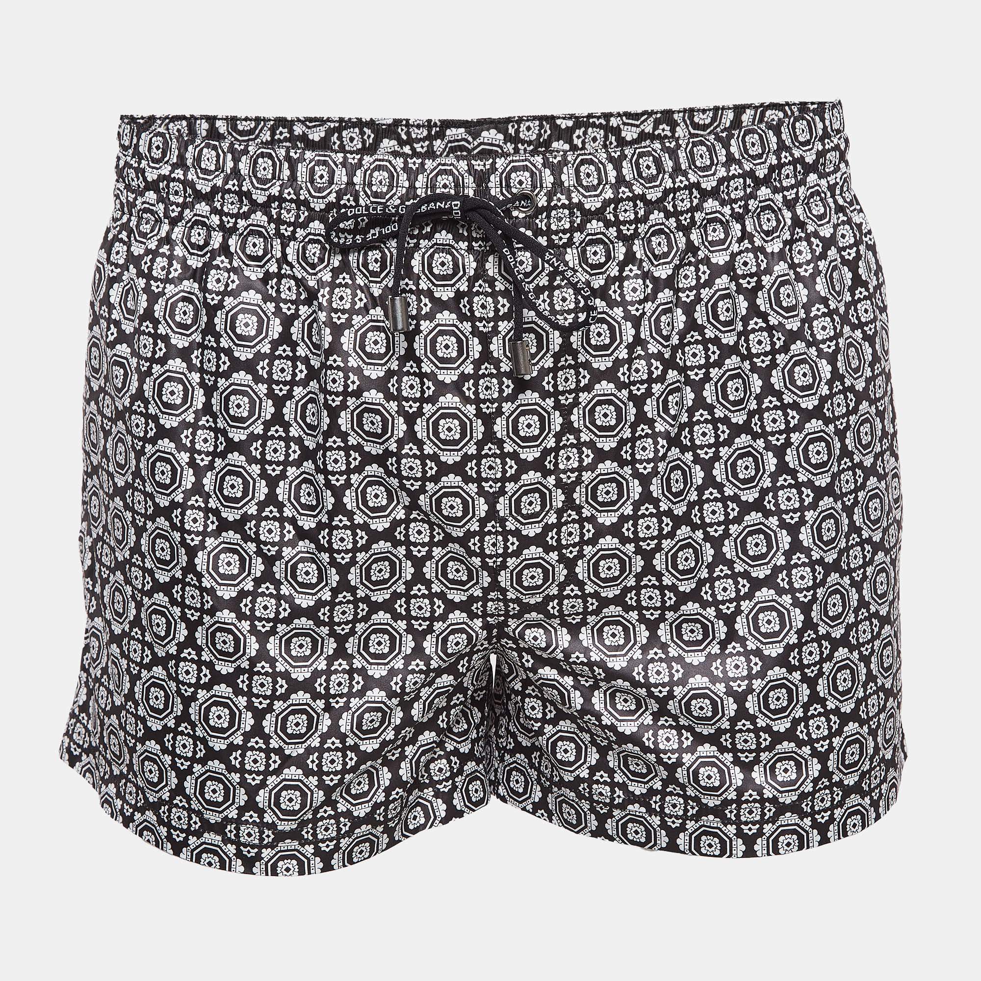 Pre Owned Dolce & Gabbana Beachwear Black Printed Synthetic Boxer Shorts S