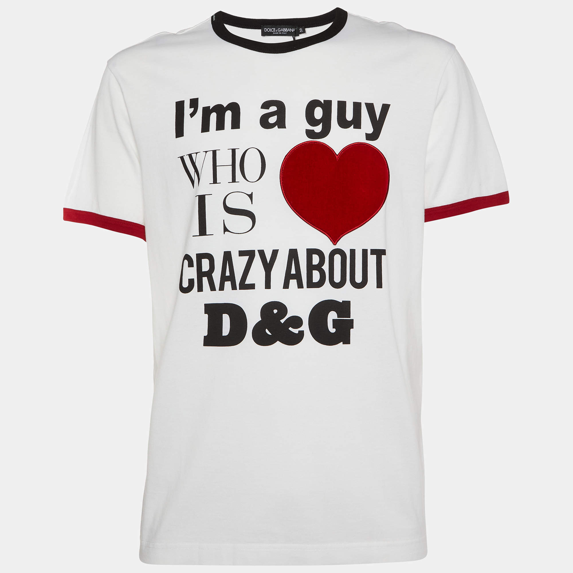 Pre Owned Dolce & Gabbana White Printed Cotton Heart Patch Detail T-Shirt L