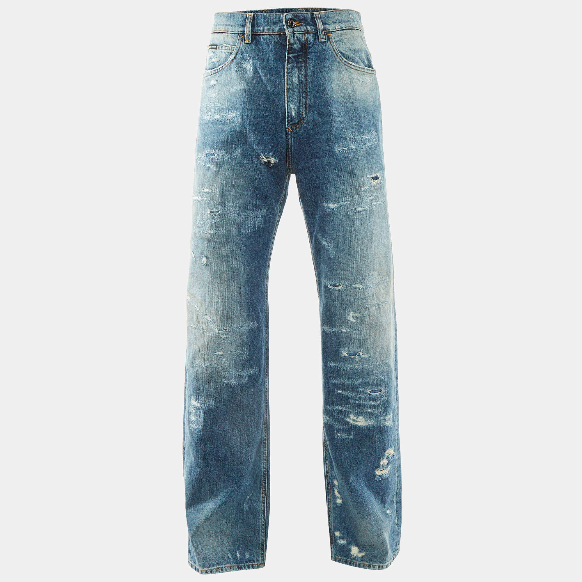 Pre Owned Dolce & Gabbana Blue Denim Distressed Loose Fit Jeans XS/Waist 31"