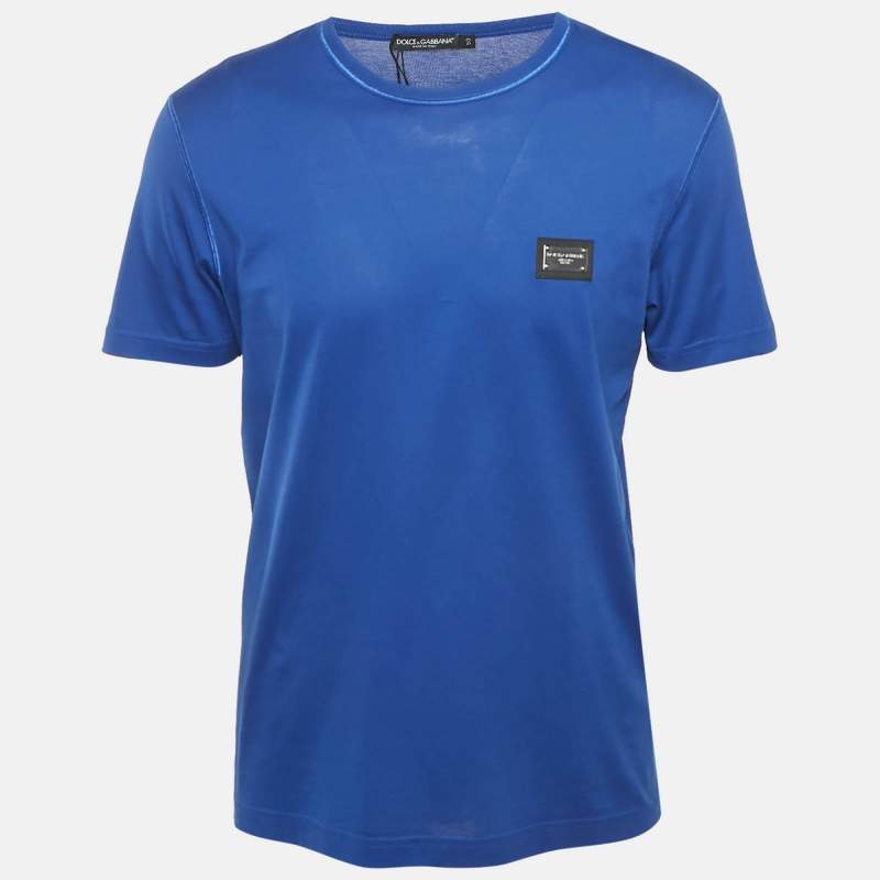 Dolce & Gabbana Royal Blue Cotton Logo Plaque Crew Neck T-Shirt L