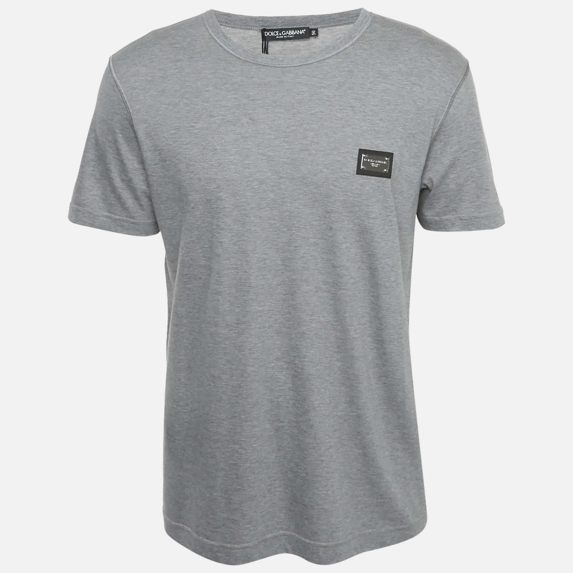 Dolce & Gabbana Grey Cotton Logo Plaque Crew Neck T-Shirt L