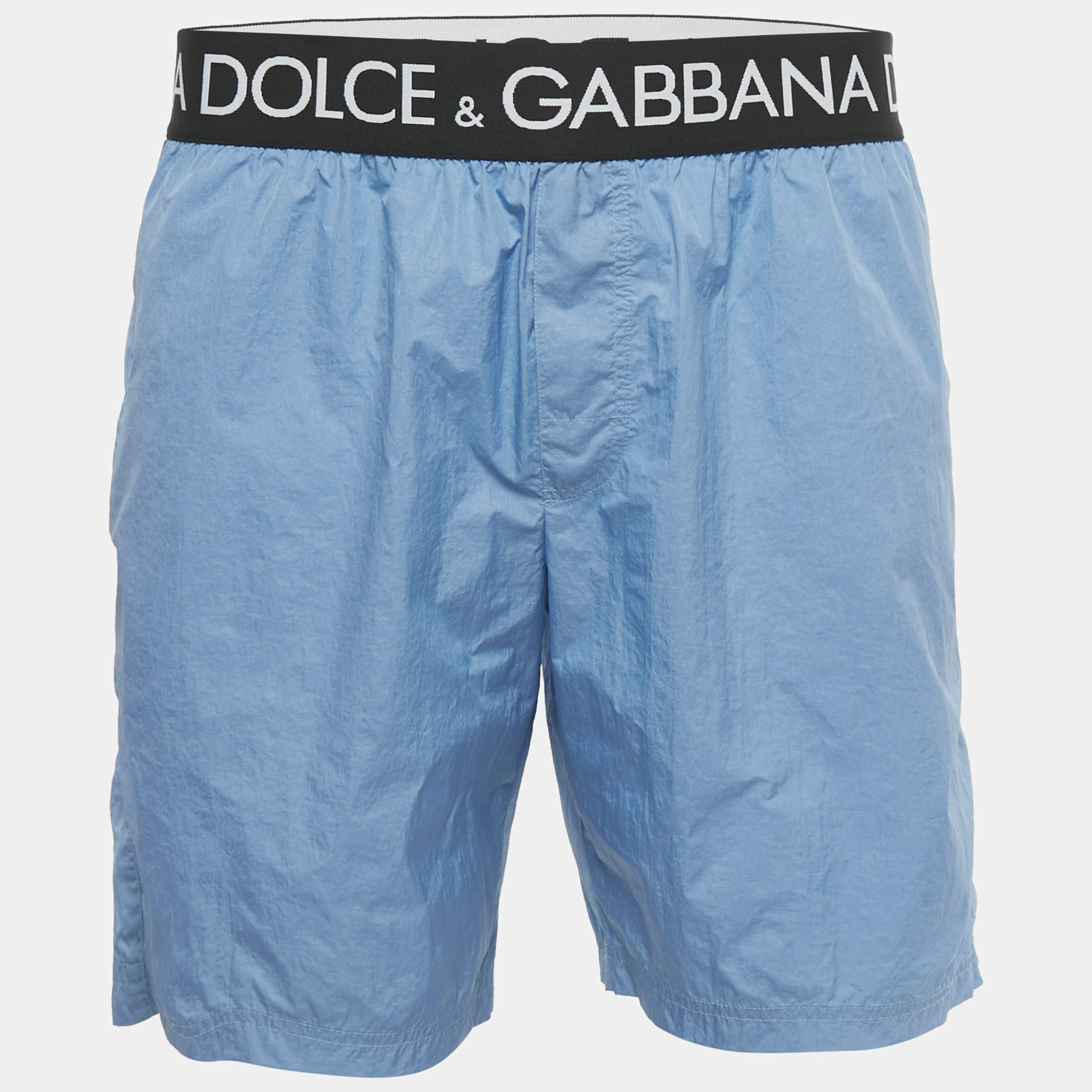 Pre Owned Dolce & Gabbana Blue Logo Waistband Detail Nylon Swim Shorts L