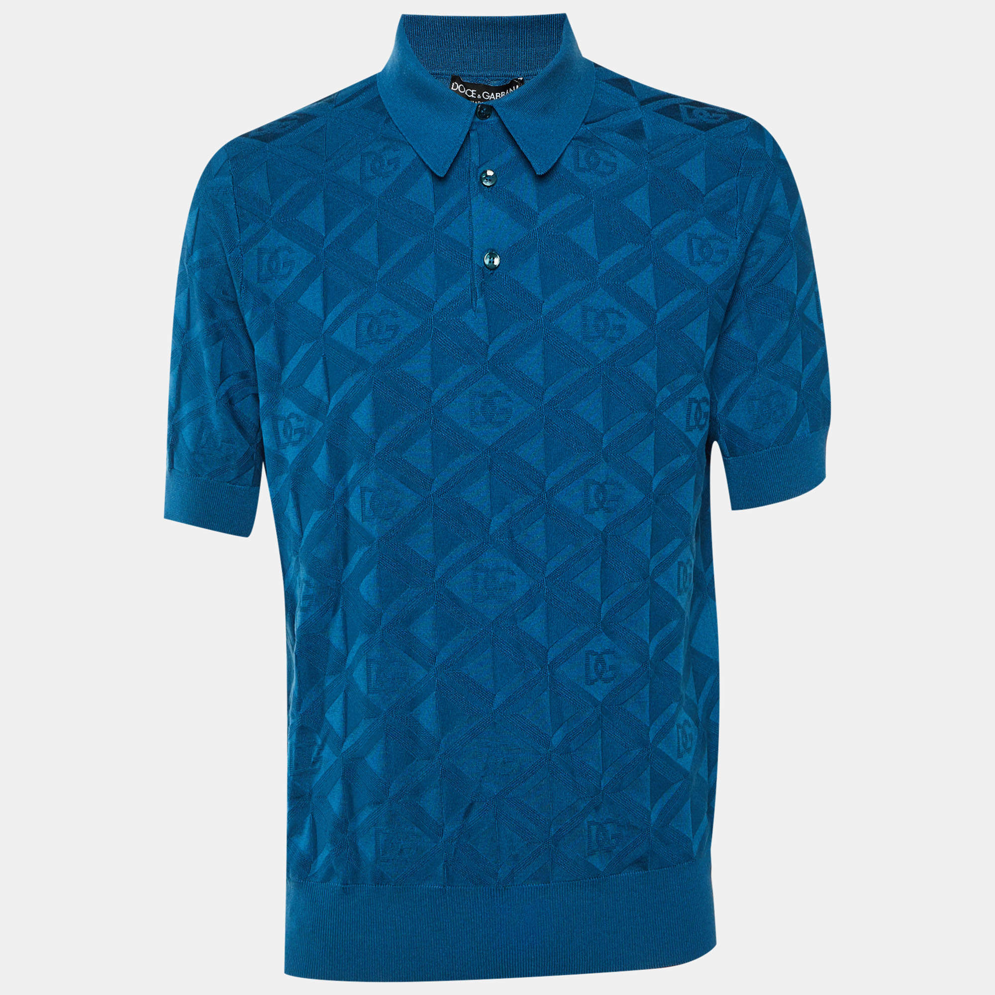 Pre Owned Dolce & Gabbana Blue DG Geometric Pattern Silk Knit Polo T-Shirt M