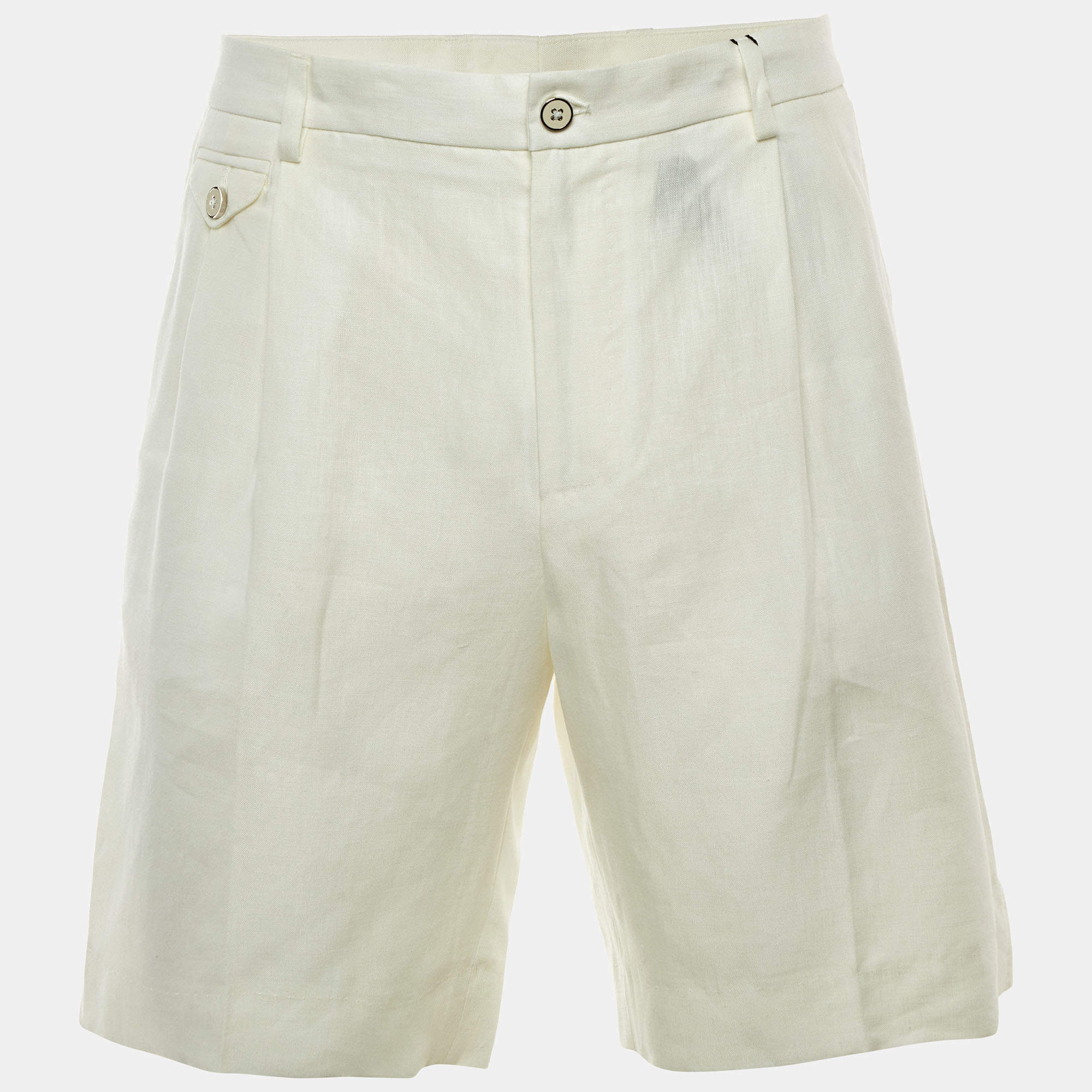 Pre Owned Dolce & Gabbana Off White Linen Bermuda Shorts M