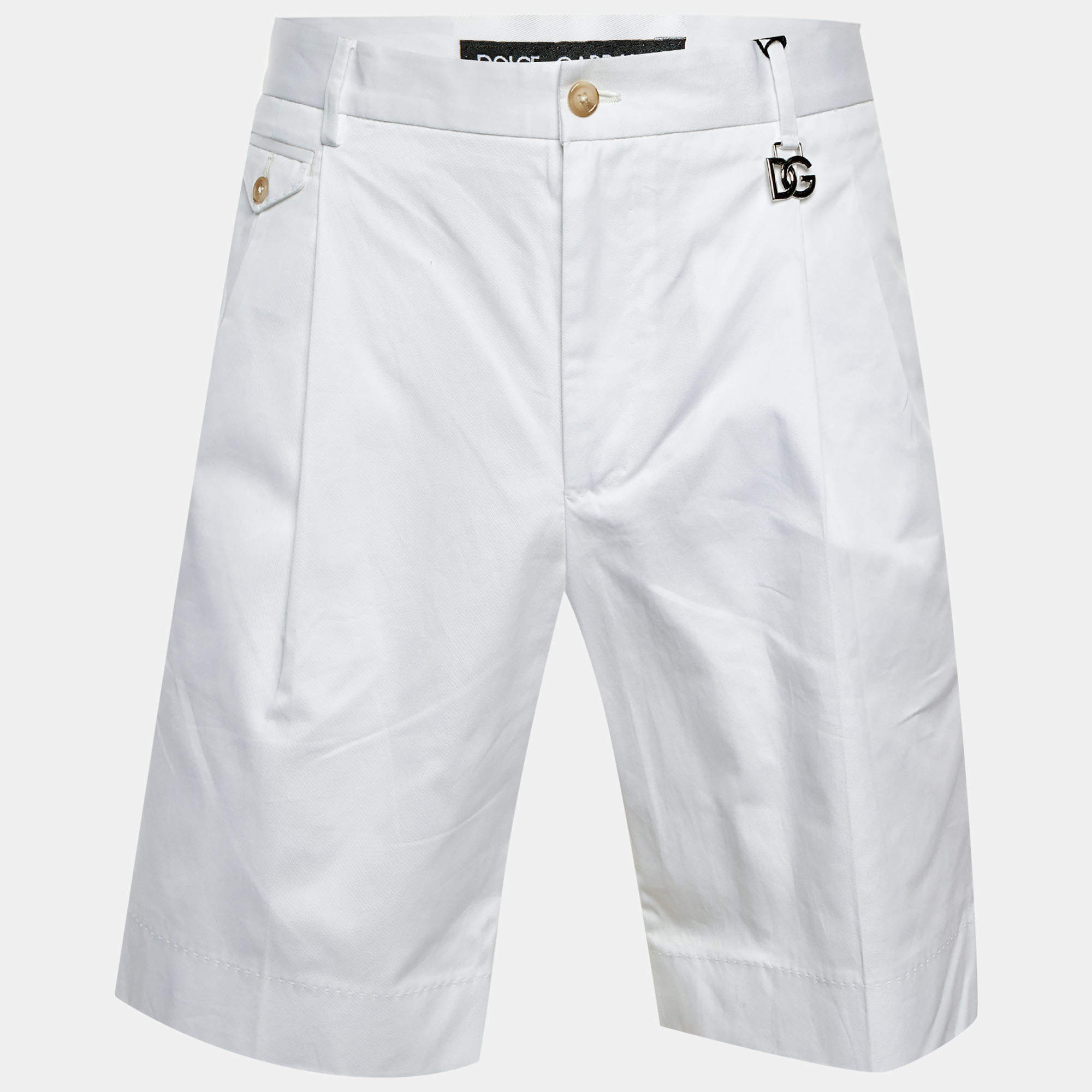 Pre Owned شورت دولتشي أند غابانا قطن أبيض بطيّات مع تعليق DG مقاس وسط 35 بوصة  مقاس متوسط