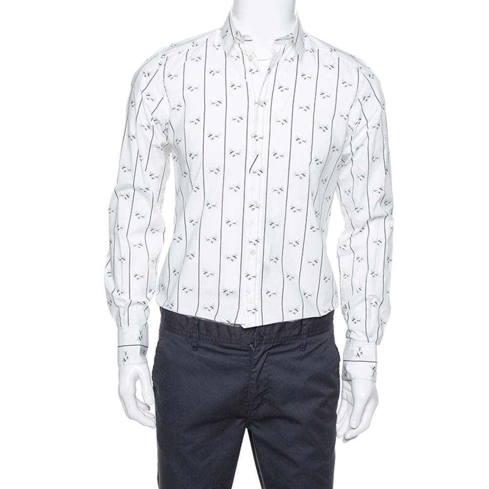 Dolce & Gabbana White Cotton Bee Print Long Sleeve Button Front Shirt M