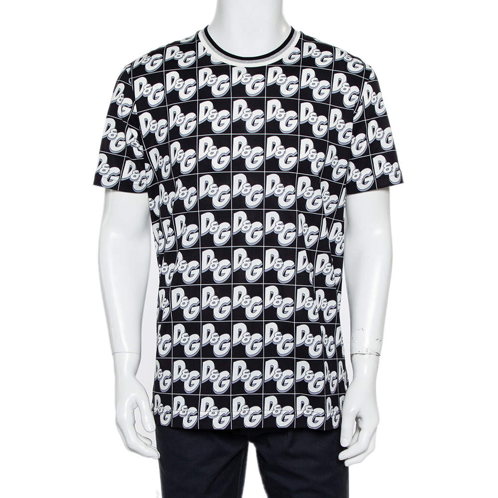 Pre Owned Dolce & Gabbana Black/White All Over Print Cotton Crewneck T-Shirt XL