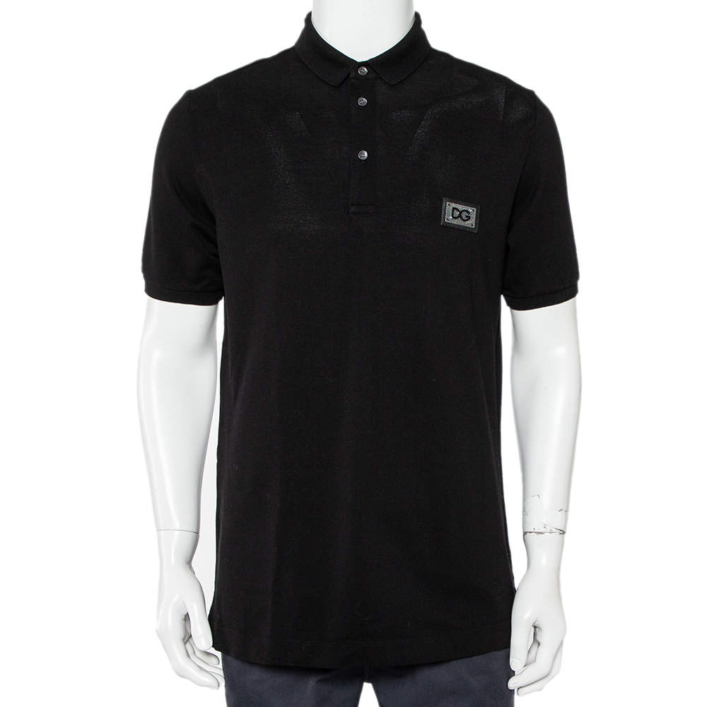 Pre Owned Dolce & Gabbana Black Cotton Pique Logo Patch Detail Polo T-Shirt L