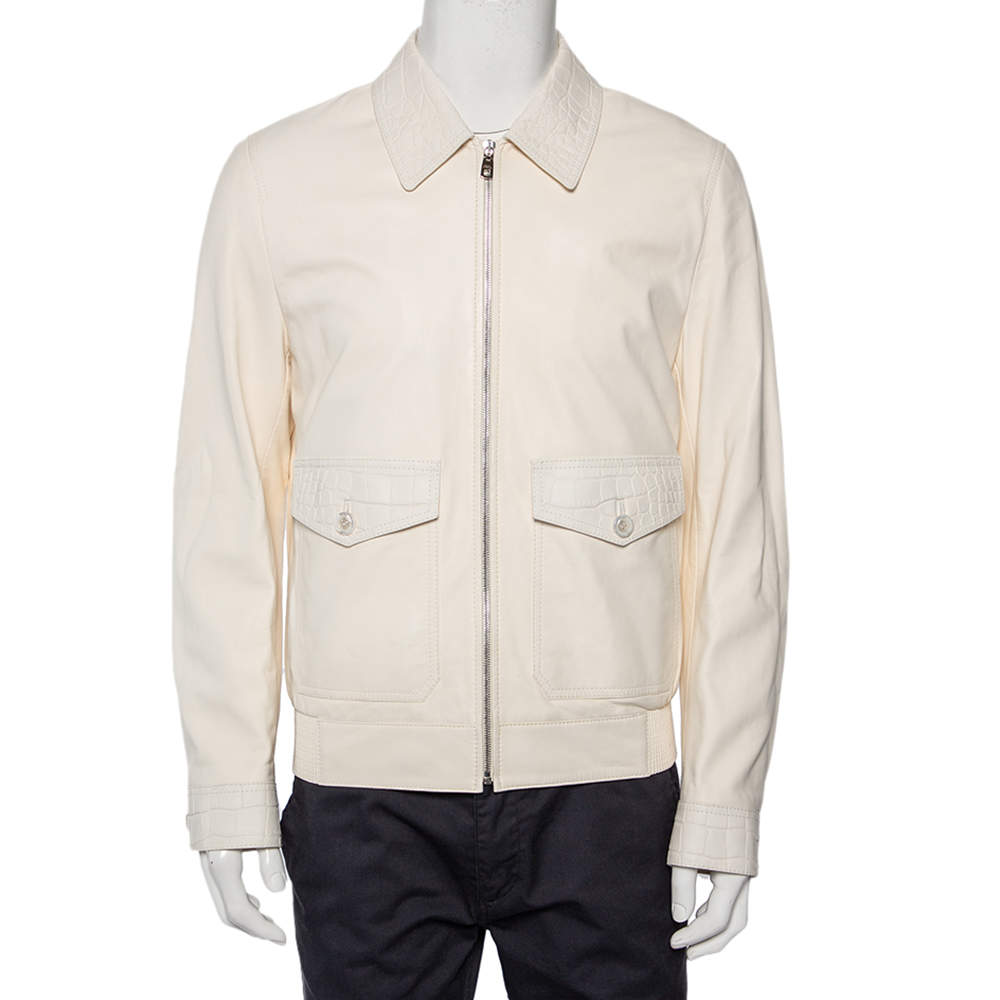 Pre Owned جاكيت دولتشي أند غابانا جلد تمساح أبيض بسحاب أمامي مقاس كبير جدًا - إكس لارج