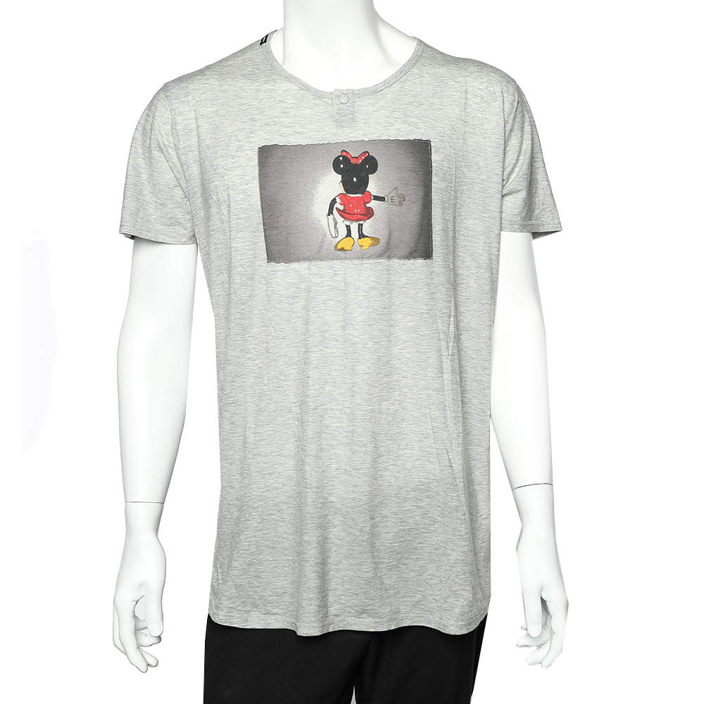 Pre Owned Dolce & Gabbana Grey Cotton Mickey Mouse Patch Detail Roundneck T-Shirt XXL