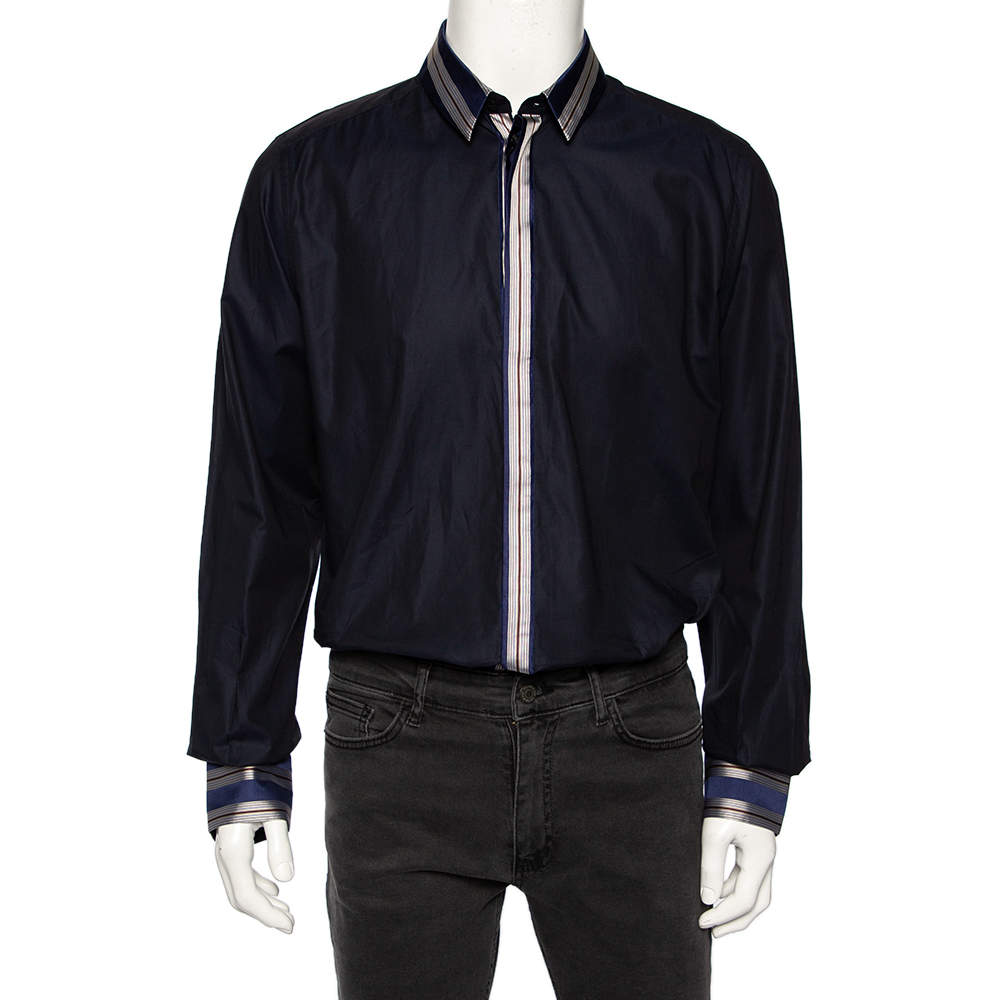 Dolce & Gabbana Navy Blue Cotton Stripe Silk Collared Gold Label Shirt XXL