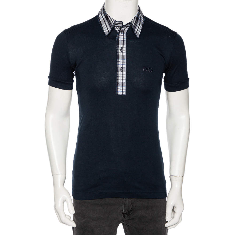 Pre Owned Dolce & Gabbana Navy Blue Cotton Plaid Trim Detail Polo T-Shirt M (IT 48) 