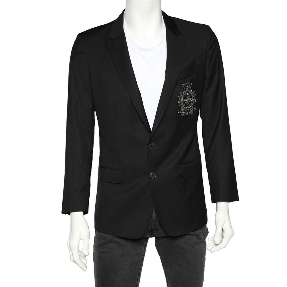 Pre Owned جاكيت بليزر دولتشي أند غابانا مارتيني صوف أسود مزخرف شعار ونحلة مقاس وسط (ميديوم)