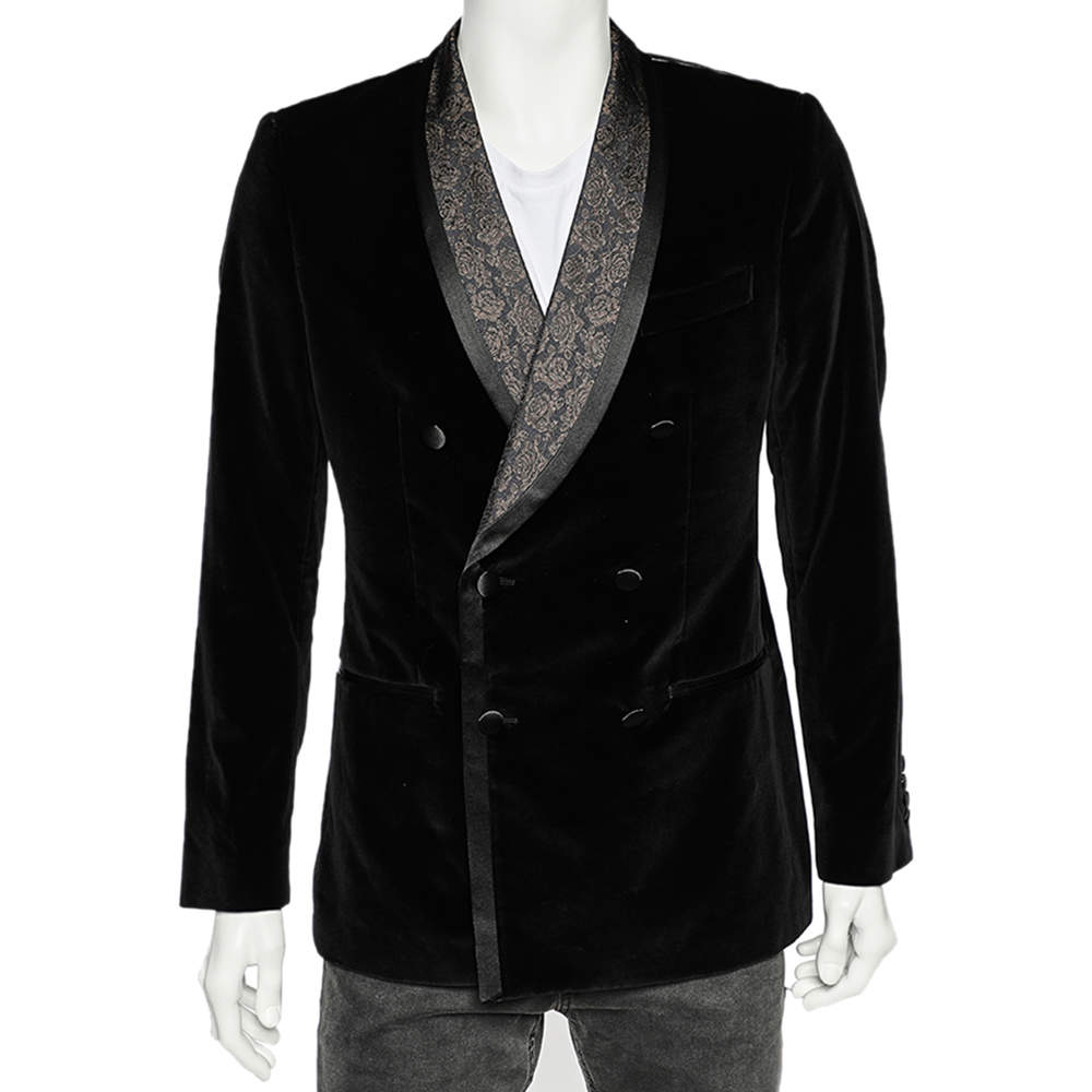 Dolce & Gabbana Black Velvet & Brocade Lapel Double Breasted Blazer M