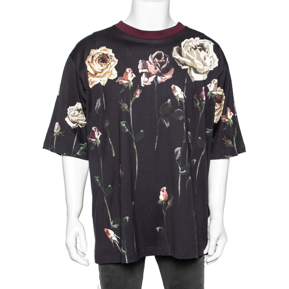 Pre Owned Dolce & Gabbana Midnight Blue Floral Printed Cotton Crewneck T-Shirt XL