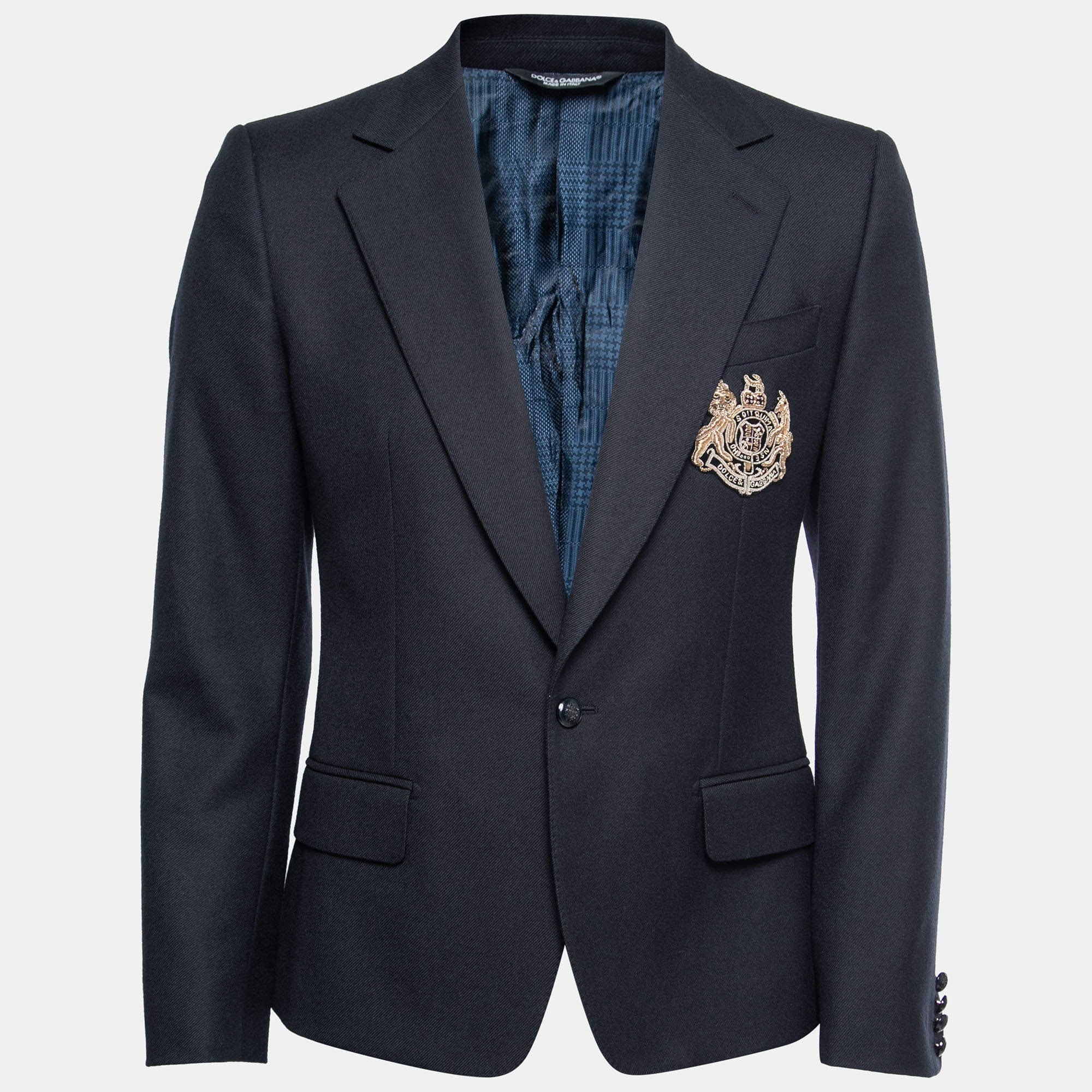 Pre Owned Dolce & Gabbana Navy Blue Wool Logo-Badge Blazer M