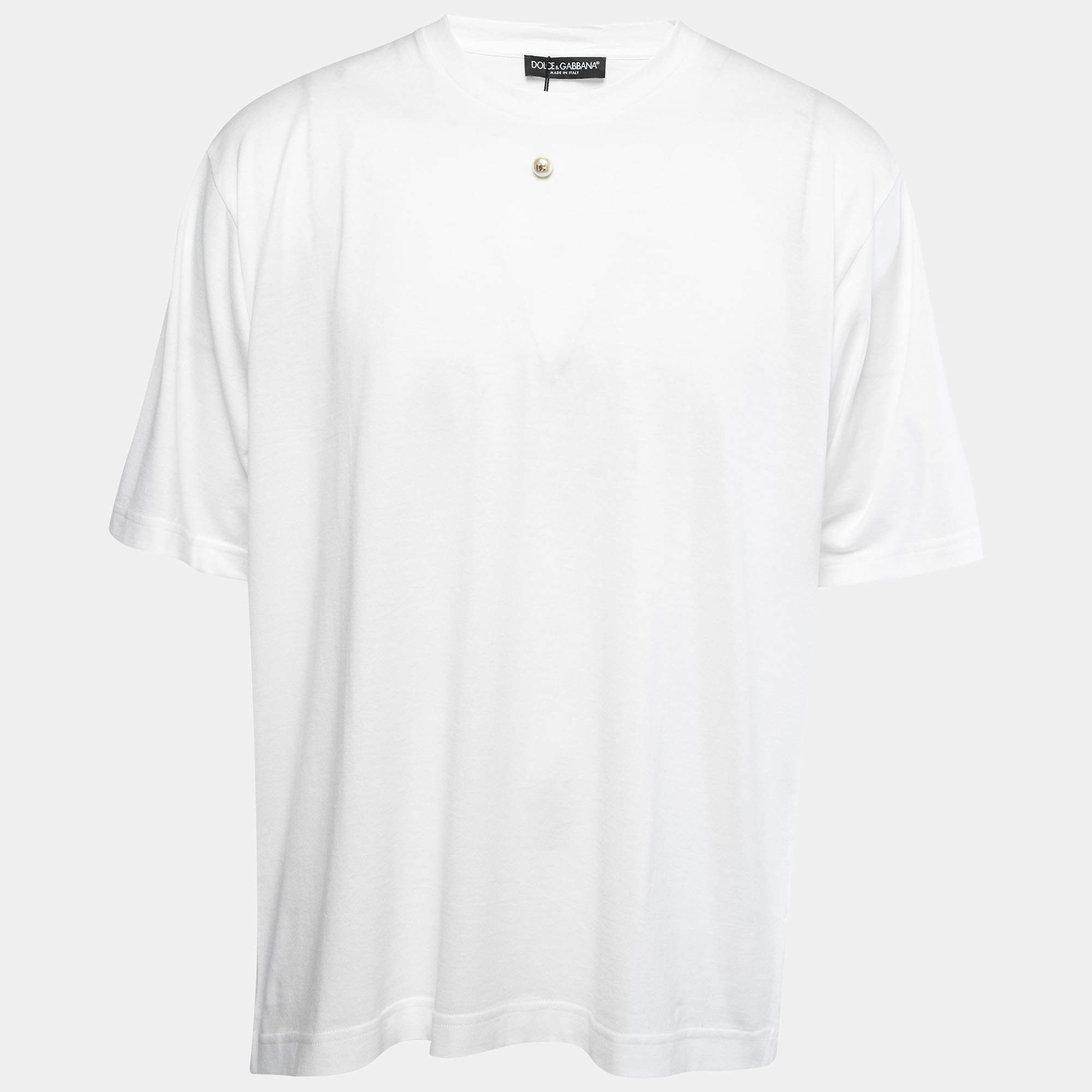 Pre Owned Dolce & Gabbana White Cotton Logo Pearl Detail Crew Neck T-Shirt XXL