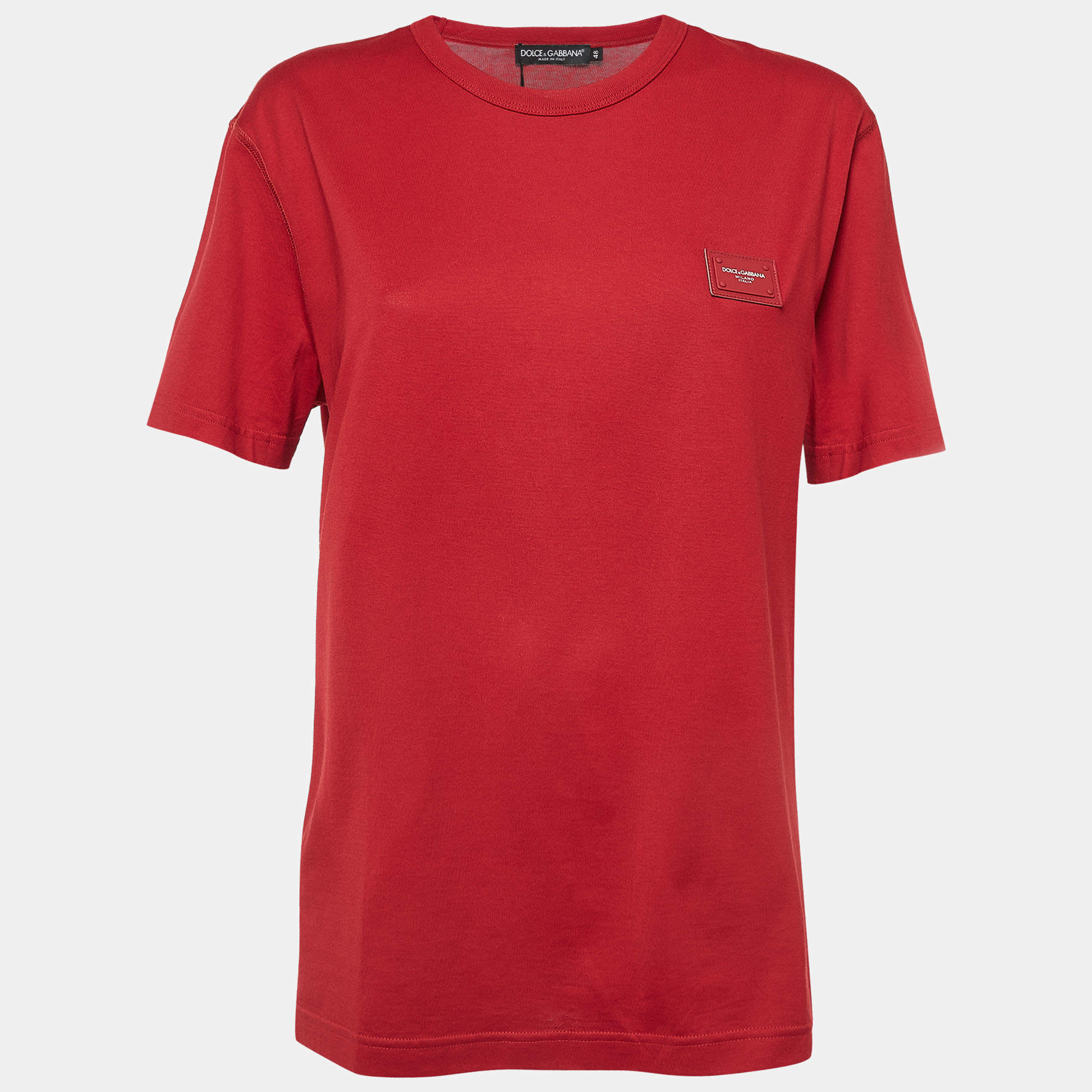 Pre Owned Dolce & Gabbana Red Cotton Logo Patch Round Neck T-Shirt M