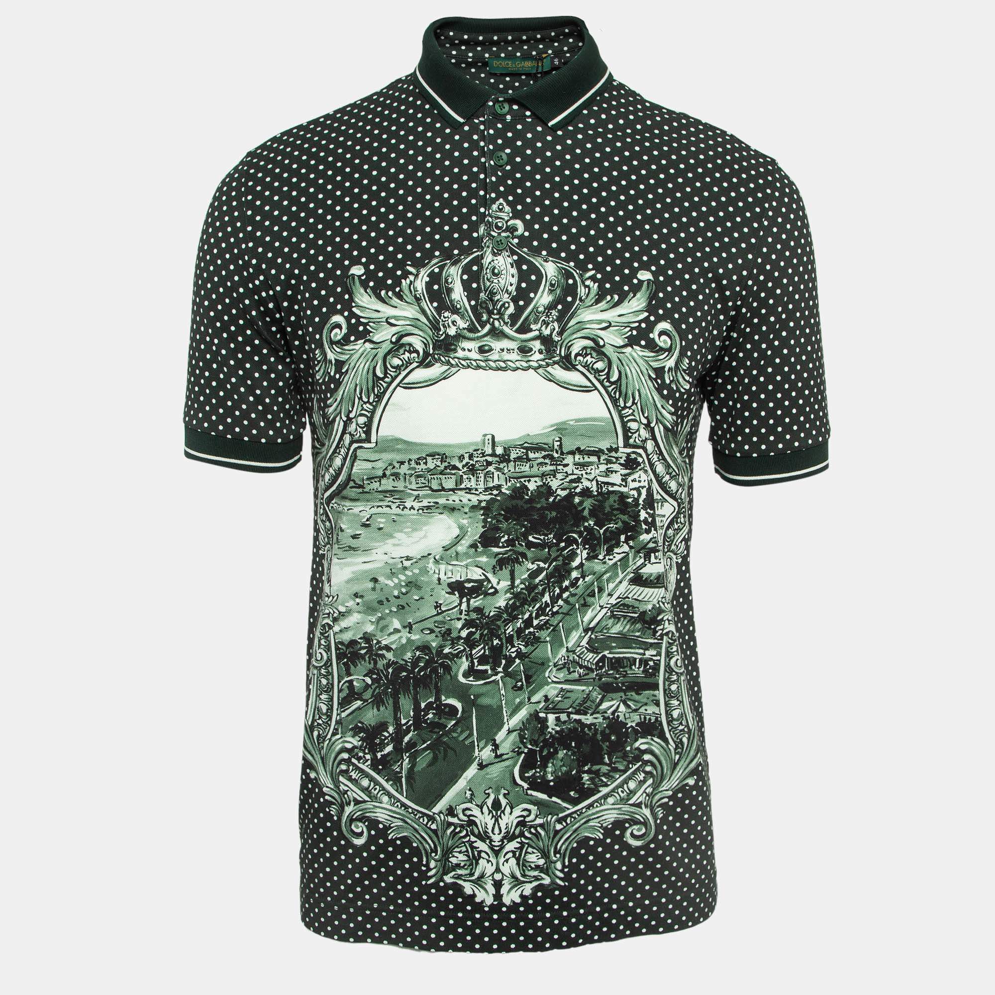 Pre Owned Dolce & Gabbana Green Printed Cotton Pique Polka Dots Polo T-Shirt S