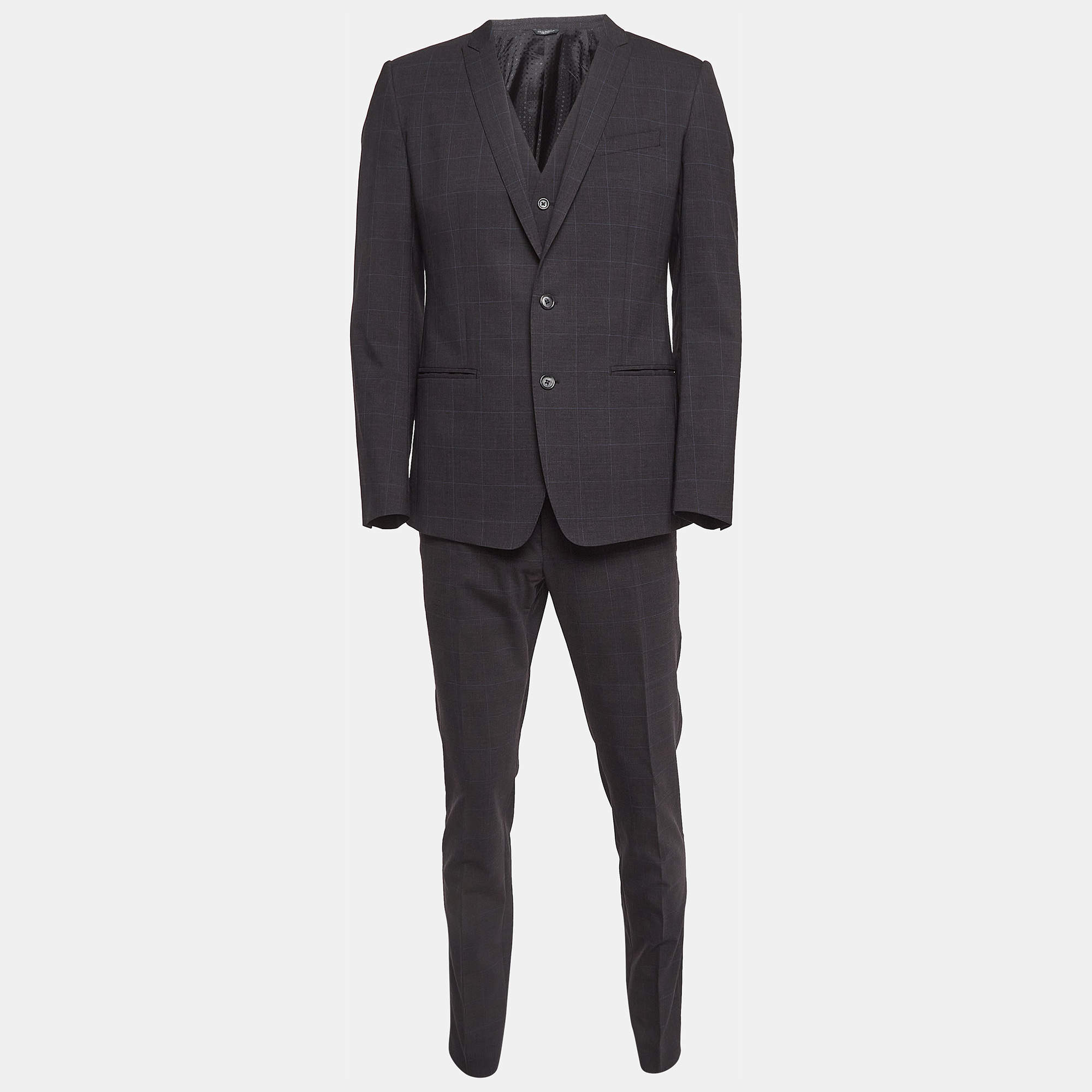 Pre Owned Dolce & Gabbana Black Plaid Wool 3 Pc Suit M