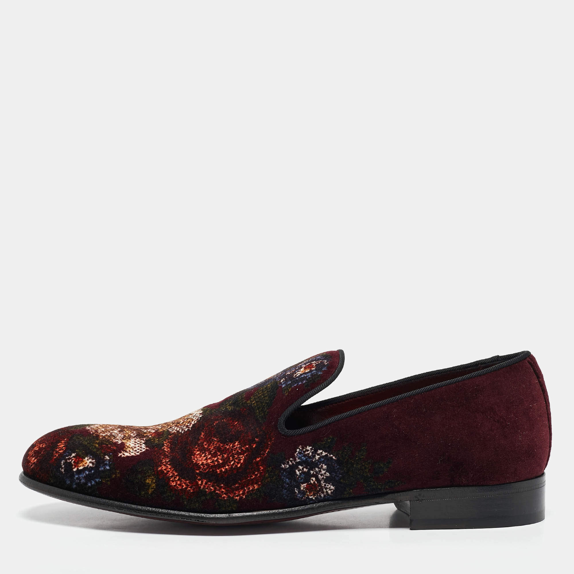 Pre Owned Dolce & Gabbana Burgundy Floral Velvet Smoking Slippers Size 41.5
