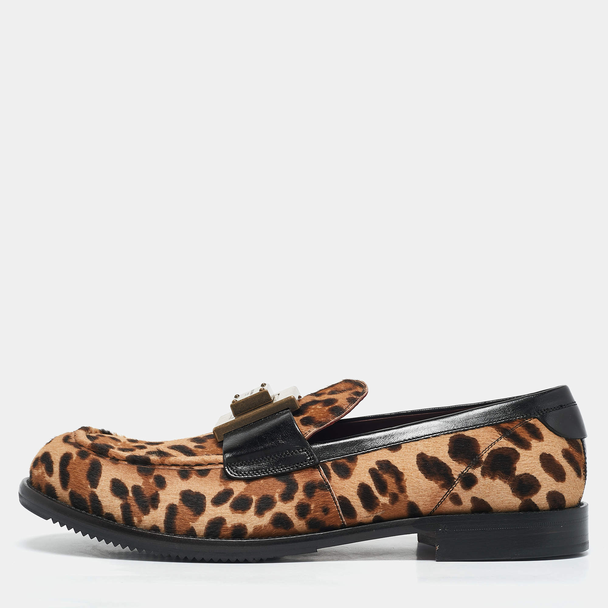 Dolce & Gabbana Beige/Black Leopard Print Calfhair and Leather Bernini Loafers Size 44