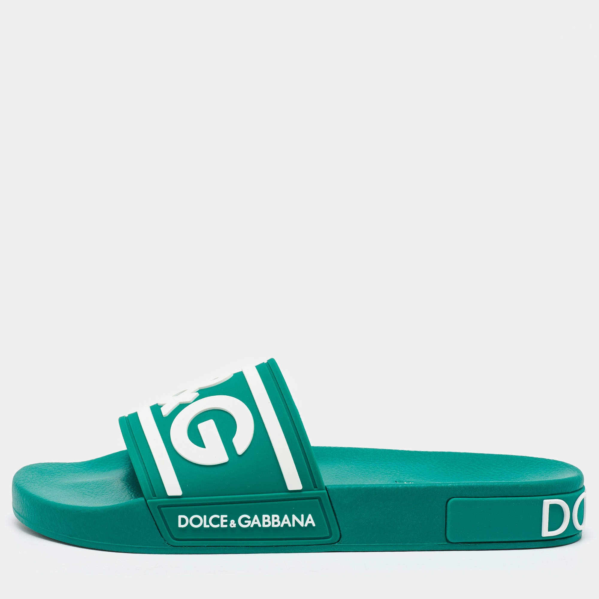 Dolce & Gabbana Dark Green Rubber Logo Flat Slides Size 41