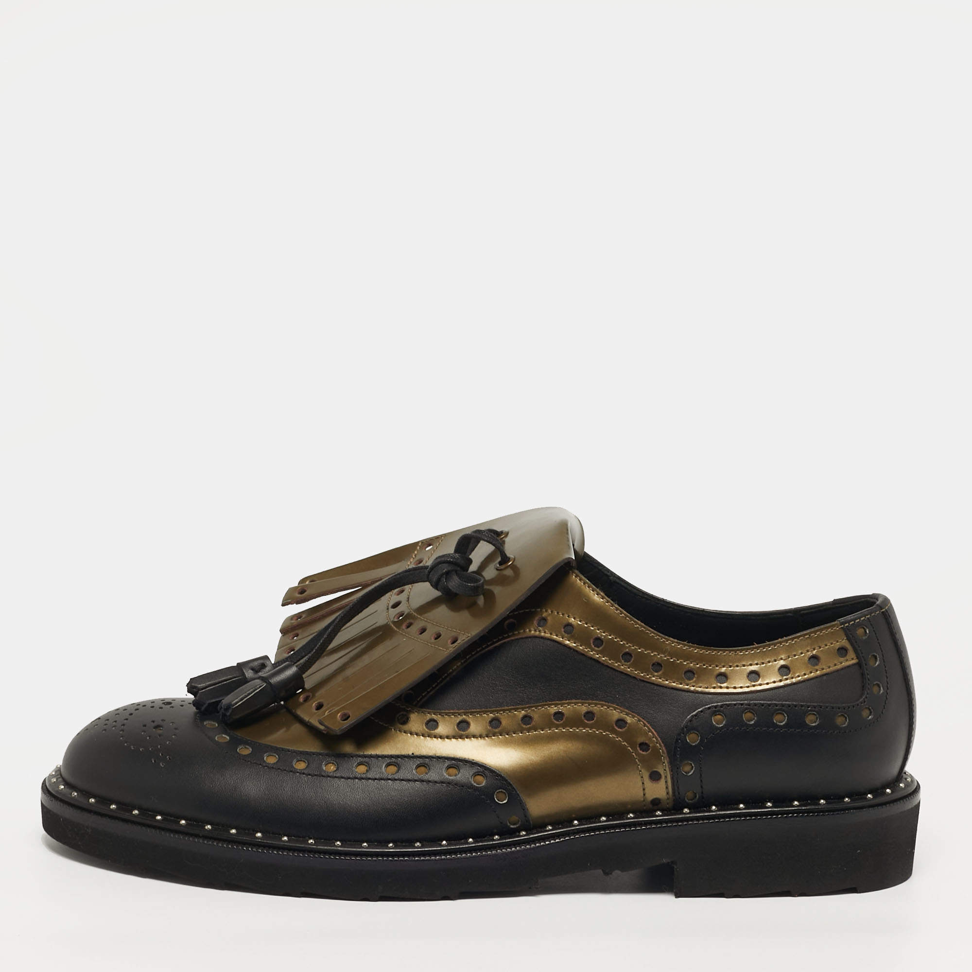 Pre Owned Dolce & Gabbana Size 41 Green/Black Patent and Leather Fringe Brogues