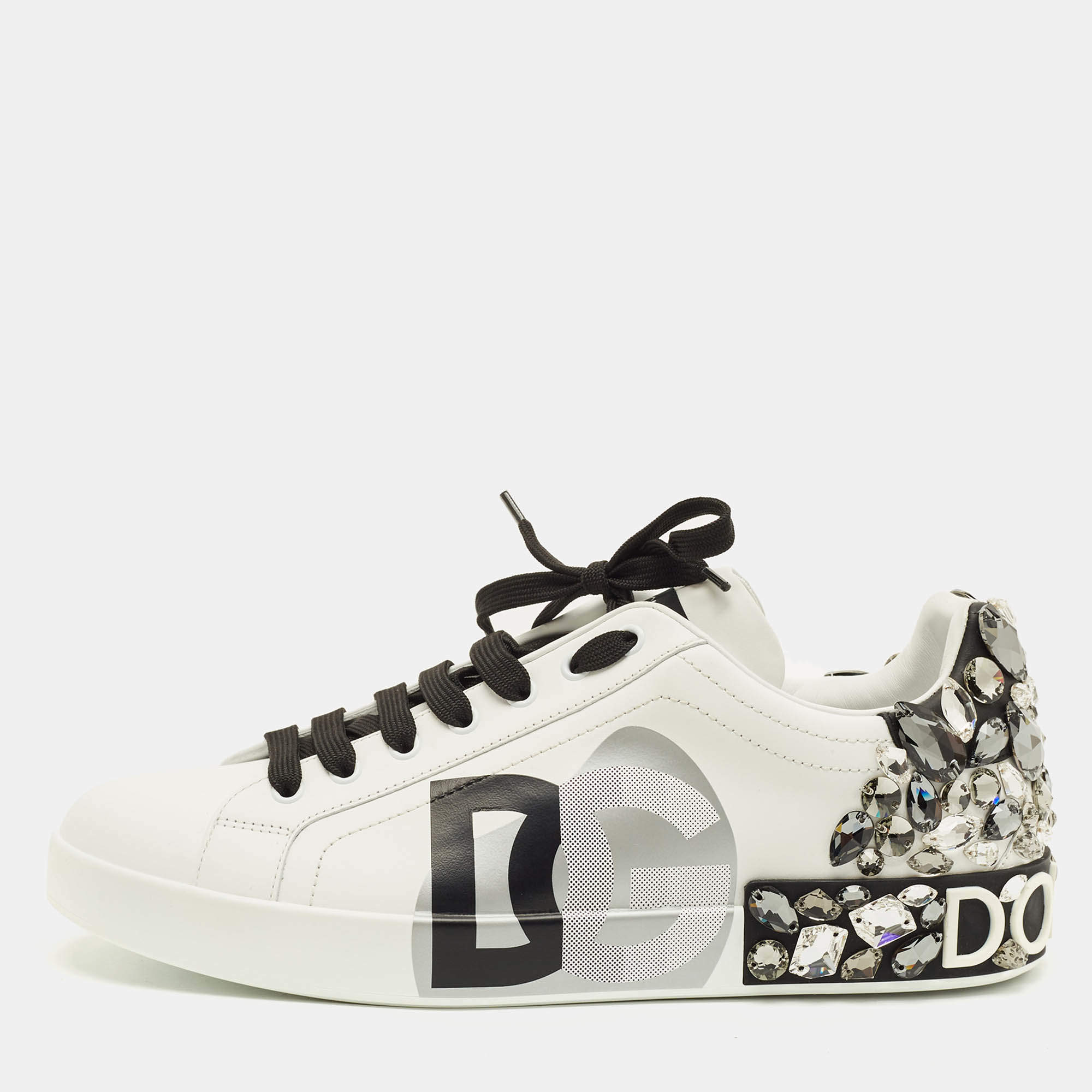 Pre Owned Dolce & Gabbana Portofino Size 44 White/Black Leather Crystal Embellished Lace Up Sneakers