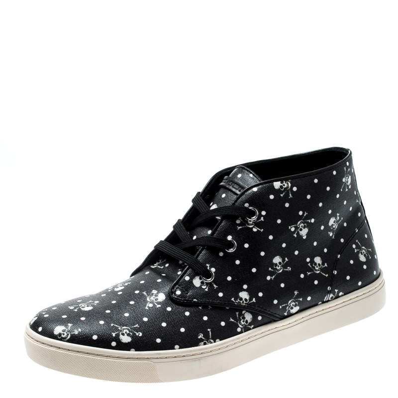Pre Owned Dolce & Gabbana Black Skull and Cross Bone Print Canvas High Top Sneakers Size 43.5