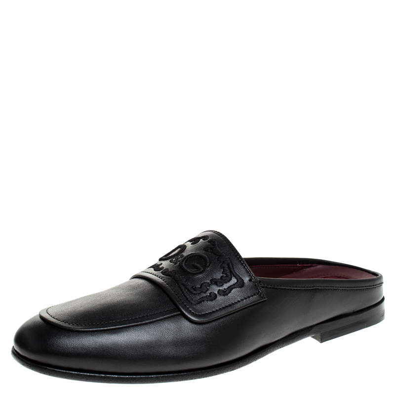 Pre Owned Dolce & Gabbana Black Leather King City Slip On Mule Loafers Size 42.5