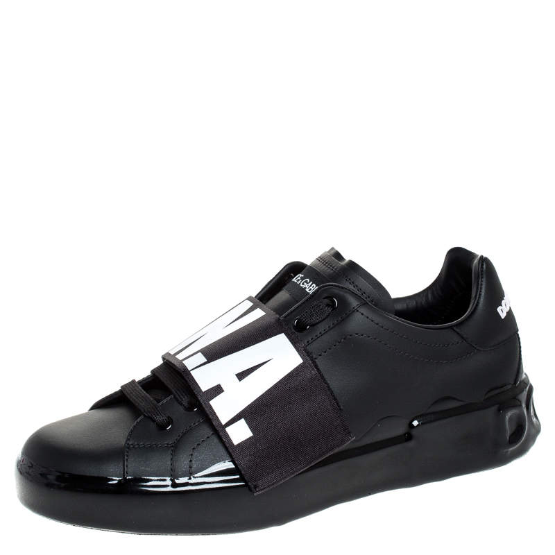 Dolce & Gabbana Black Elastic Logo Leather Melt Portofino Sneakers Size 40