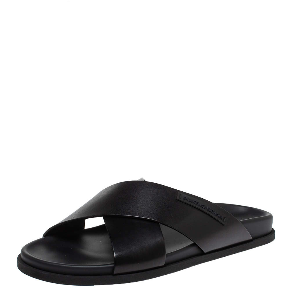 Dolce & Gabbana Black Leather Criss Cross Strap Flat Slides Size 40