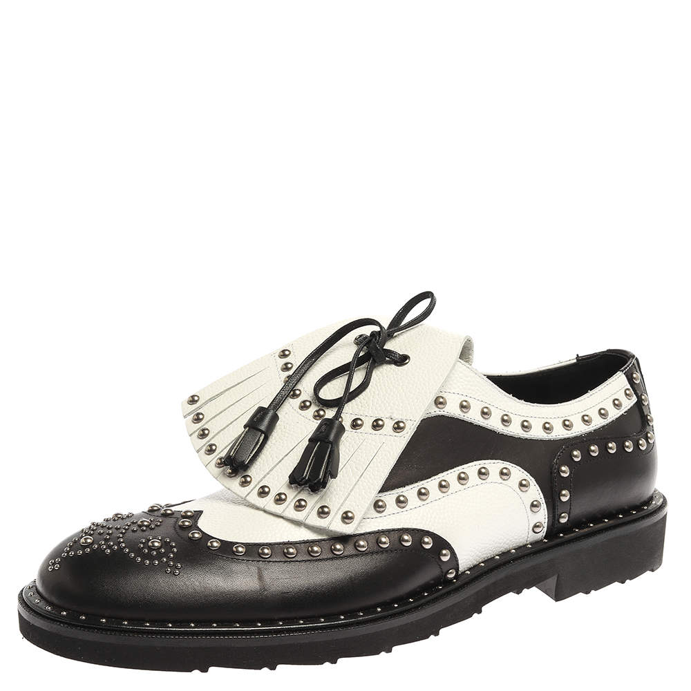 Pre Owned Dolce & Gabbana Black/White Studded Leather Brogue Detail Fringe Oxfords Size 42.5