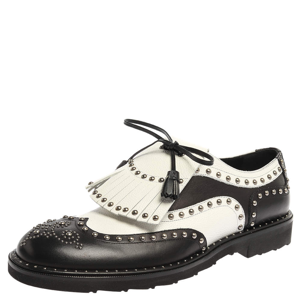 Dolce & Gabbana Black/White Studded Leather Brogue Detail Fringe Oxfords Size 43
