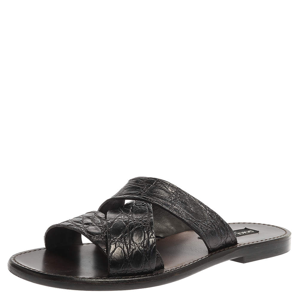 Pre Owned Dolce & Gabbana Black Croc Leather Criss Cross Flat Slide Sandals Size 42