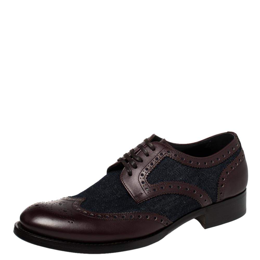 Pre Owned حذاء أوكسفورد دولتشي أند غابانا رباط علوي جلد وينغتيب و دنيم عنابي و أزرق مقاس 41
