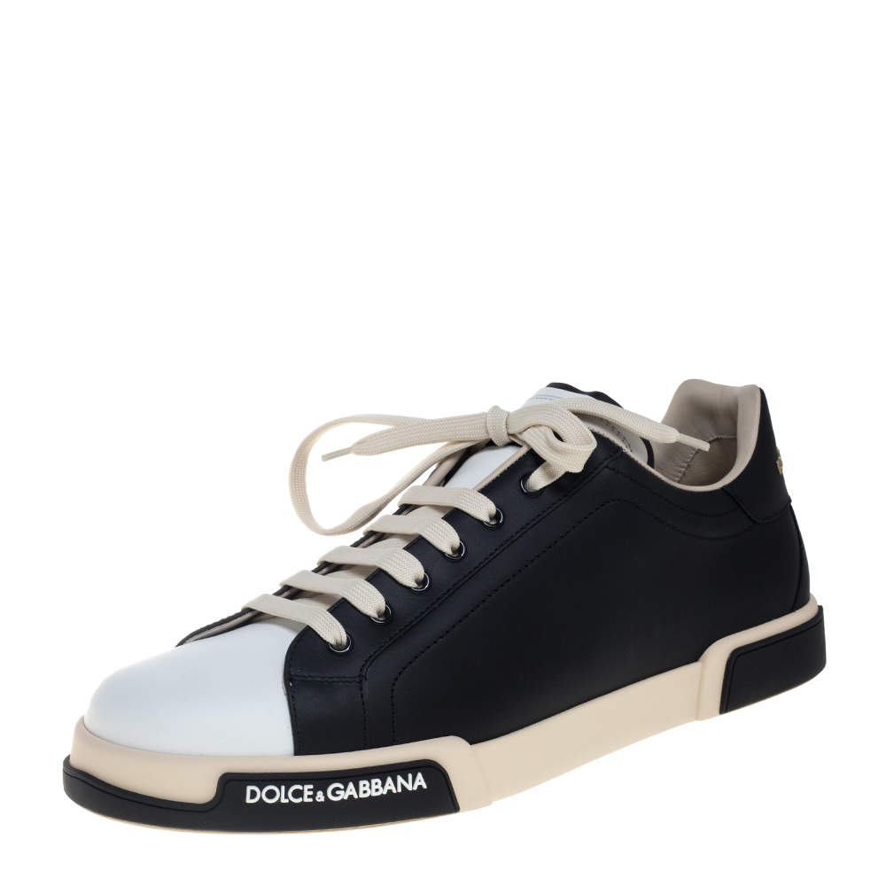 Pre Owned Dolce & Gabbana Black And White Leather Portofino Sneakers Size EU 45