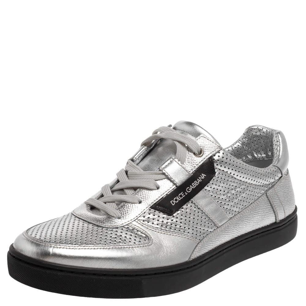 Dolce and Gabbana Metallic Silver Perforated Leather Sneakers Size 43