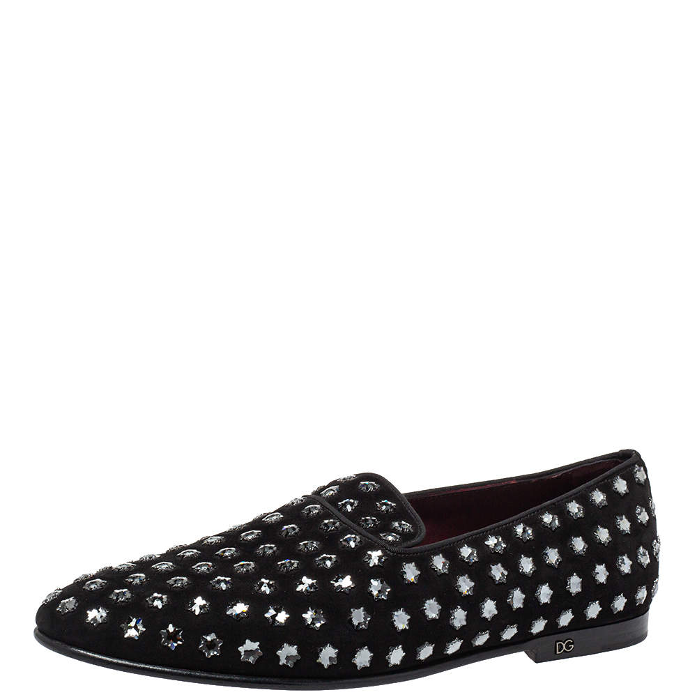 Pre Owned Dolce & Gabbana Black Suede Fusible Stars Embellished Loafers Size 42