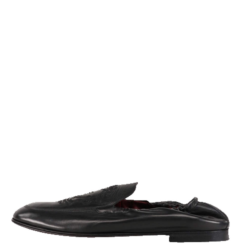 Pre Owned Dolce & Gabbana Black Calfskin Leather DG coat of arms embroidery Loafers Size 43.5