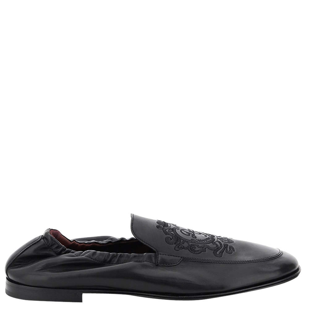 مملوكة مسبقًا Dolce & Gabbana Black Calfskin Leather DG Coat Of Arms Embroidery Loafers Size IT 40