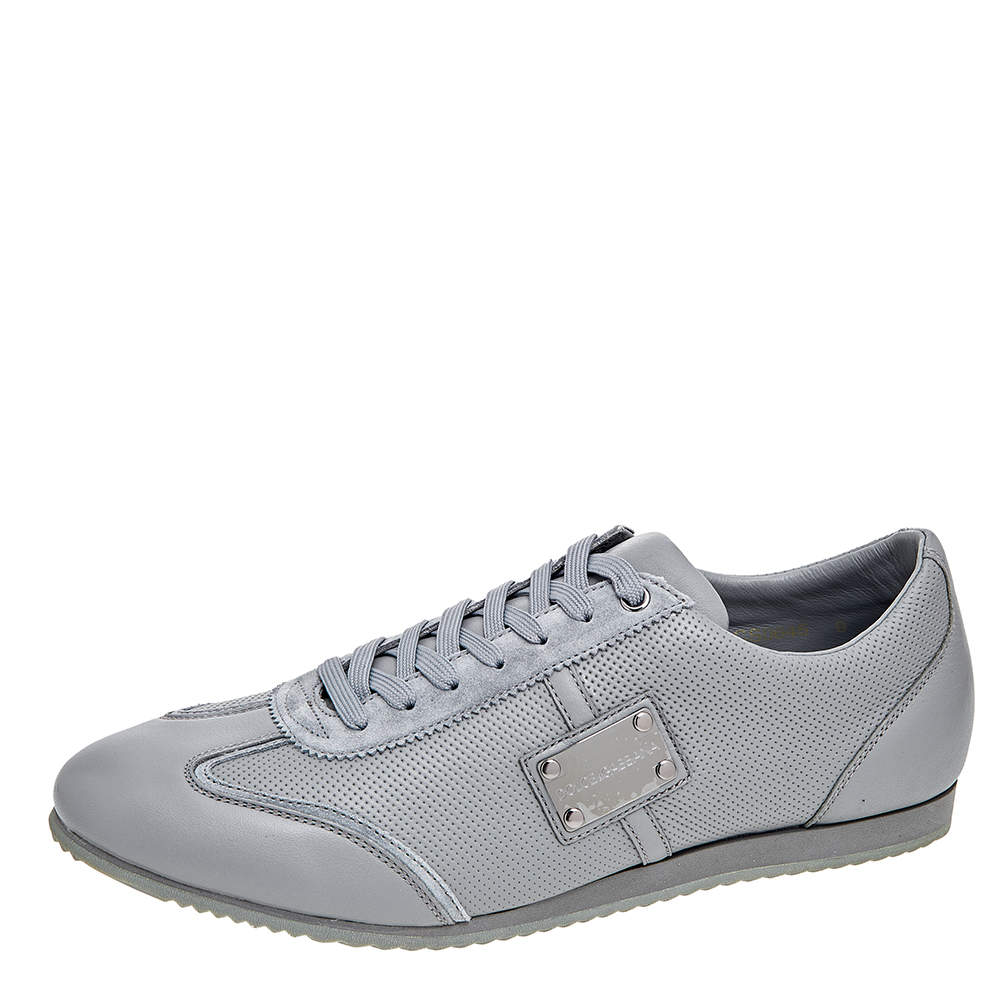 مملوكة مسبقًا Dolce & Gabbana Grey Perforated Leather and Suede Low Top Sneakers Size 43