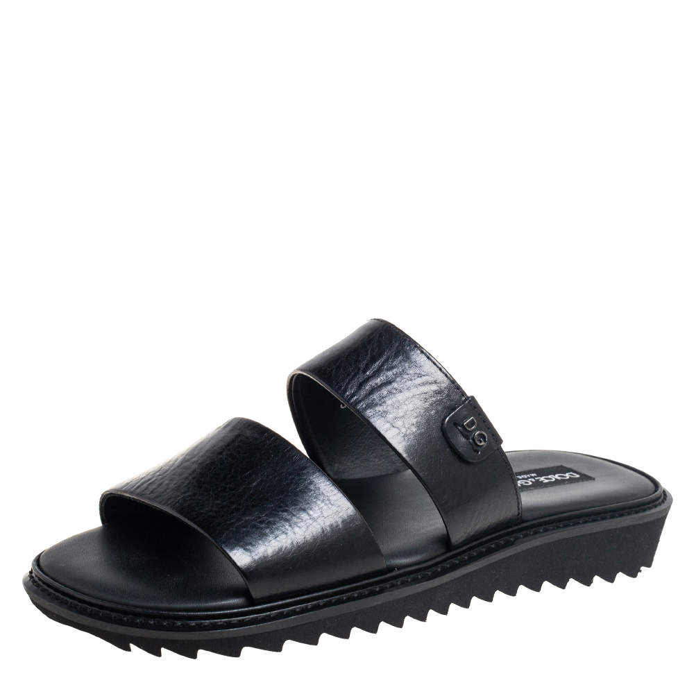 Pre Owned Dolce & Gabbana Black Leather Flat Slides Size 39