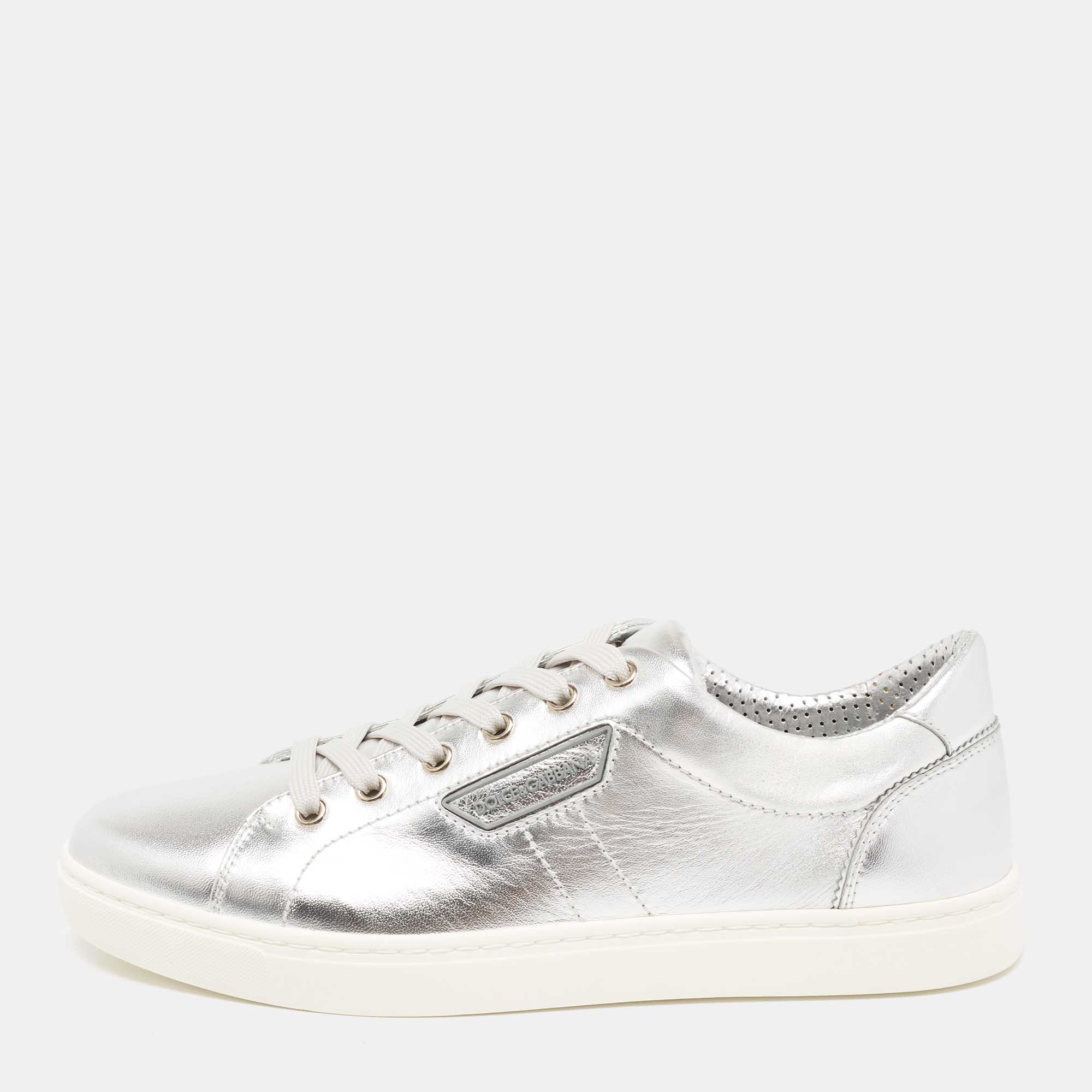 Pre Owned Dolce & Gabbana Silver Leather Low Top Sneakers Size 40