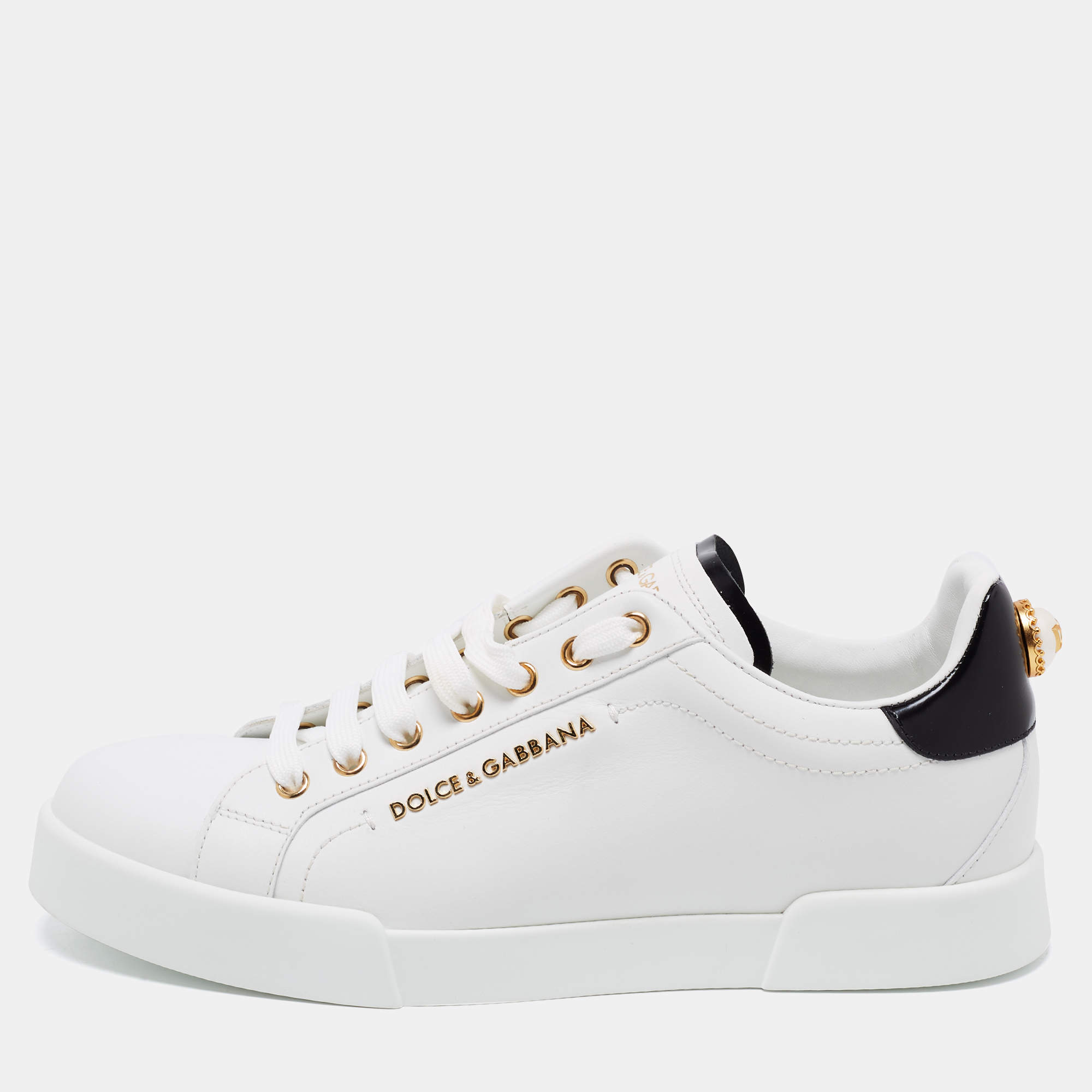 مملوكة مسبقًا حذاء رياضي دولتشي آند غابانا بورتوفينو جلد أبيض  بعنق منخفض مقاس 41