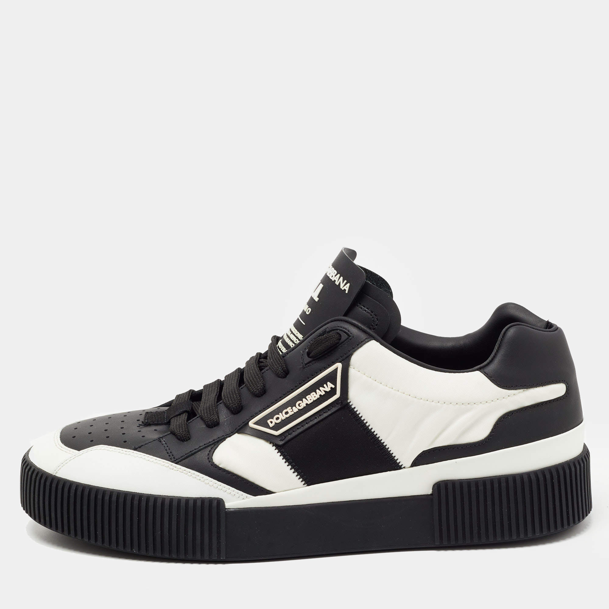 Pre Owned Dolce & Gabbana Black/White Leather and Fabric Miami Sneakers Size 40