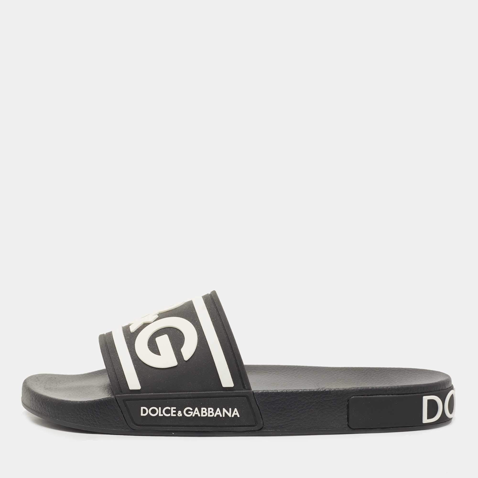 Pre Owned Dolce & Gabbana Black Rubber DG Logo Beachwear Flat Slides Size 44