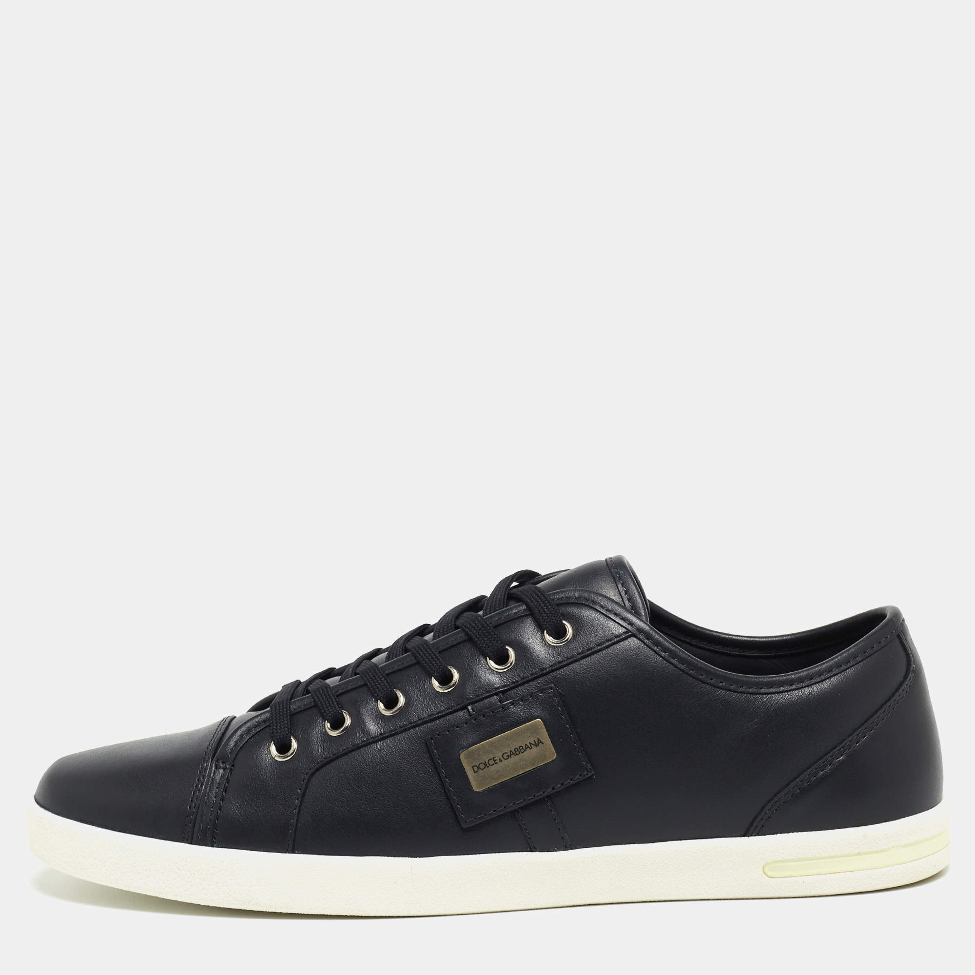 Pre Owned Dolce & Gabbana Navy Blue Leather Logo Plaque Sneakers Size 44