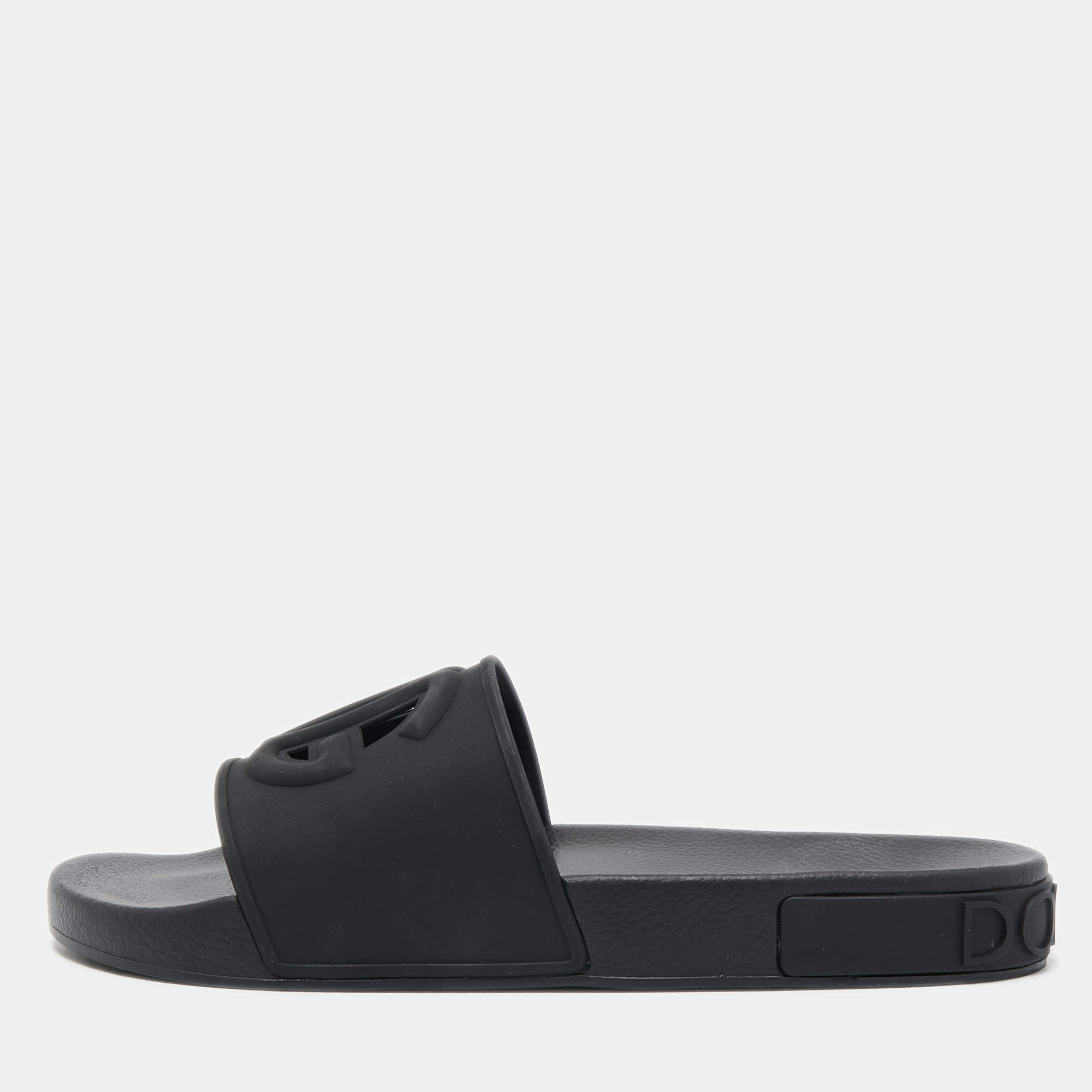 Dolce & Gabbana Black Rubber Logo Flat Slides Size 43